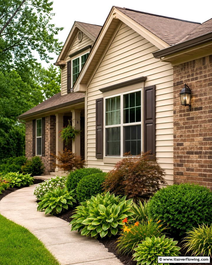 Olive Green Vinyl with Brown Brick - 25 Vinyl Siding and Brick Combinations for Curb Appeal
