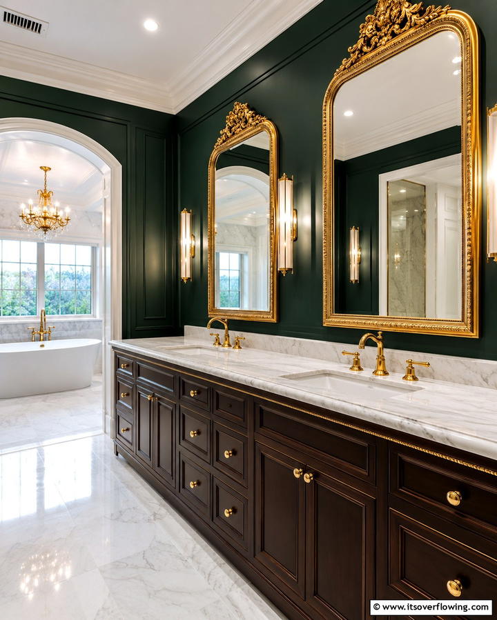 Olive Green Walls with Gold Accents - 25 Luxurious Green and Gold Bathroom Design Ideas