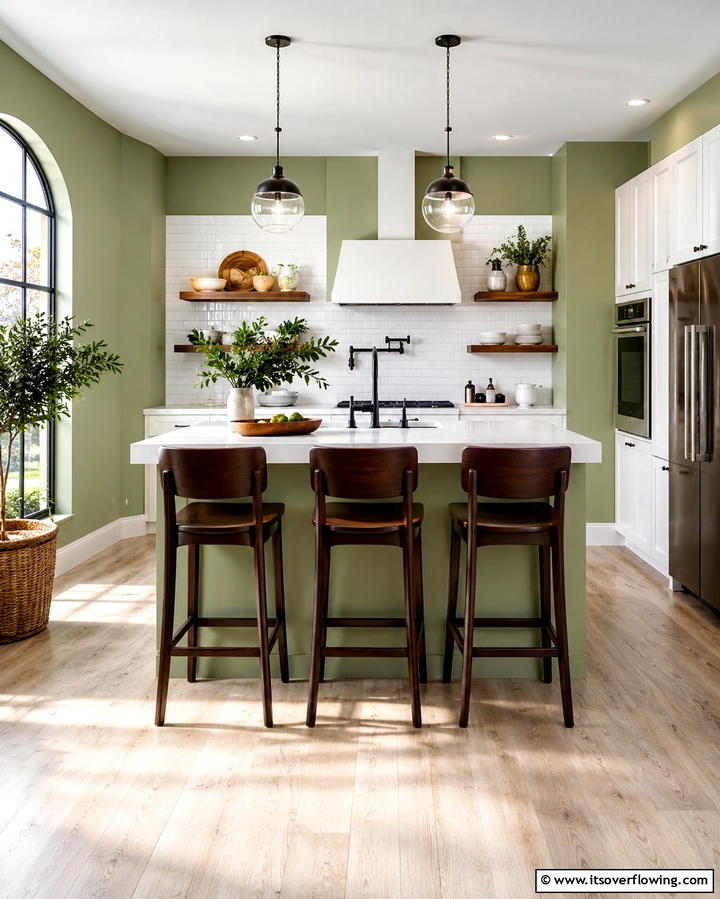 Olive Green Walls with Walnut Accents - 25 Warm Green and Brown Kitchen Design Ideas