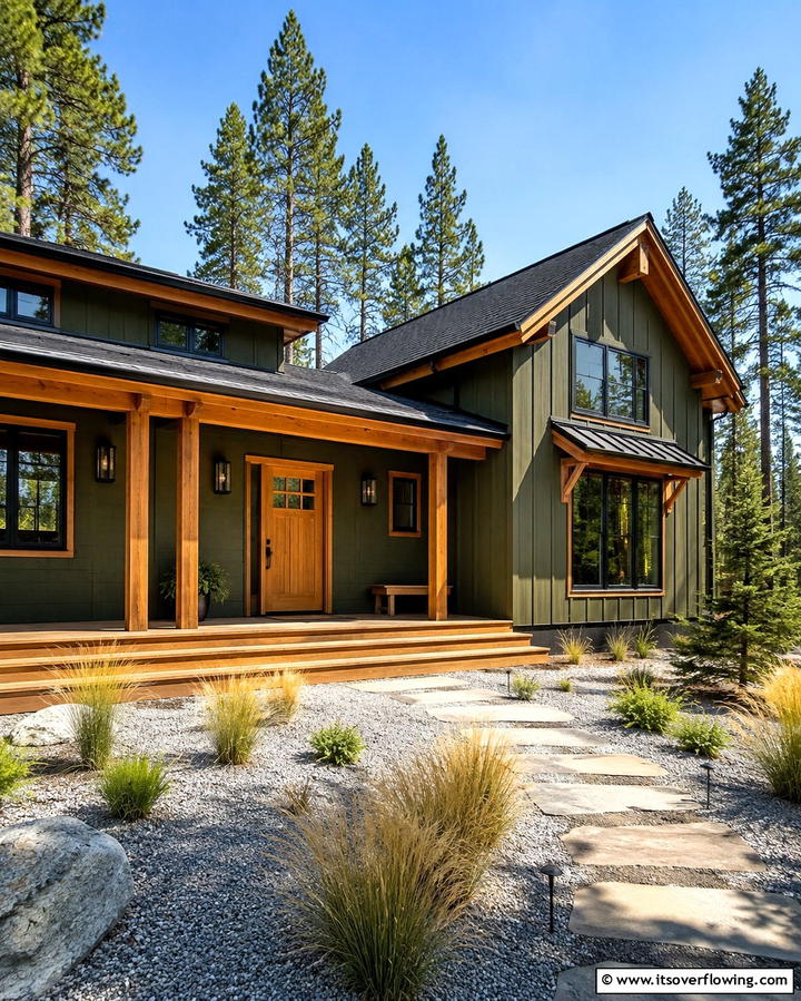 Olive Green and Natural Wooden Elements - 25 Dark Olive Green House Designs for a Modern Look