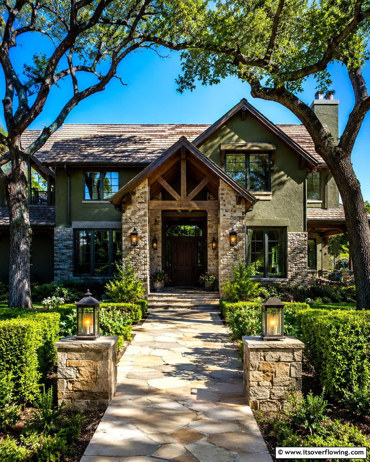 Olive Green and Stone Accent Facade - 25 Dark Olive Green House Designs for a Modern Look