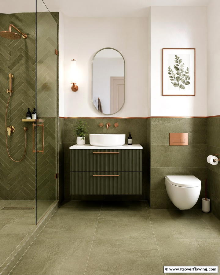 Olive Green and White Contrast - 30 Green Bathroom Tile Design Ideas for a Refreshing Oasis