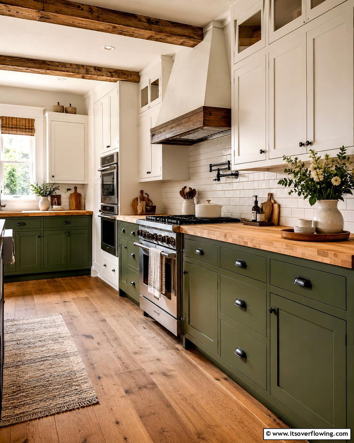 Olive Green and White Rustic Charm - 25 Two-Tone Kitchen Cabinet Ideas for a Modern Look