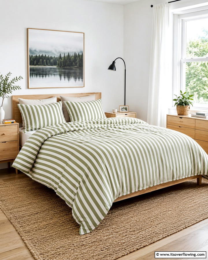 Olive Green and White Striped Bedding - 30 Olive Green Bedroom Ideas for Soothing Retreats