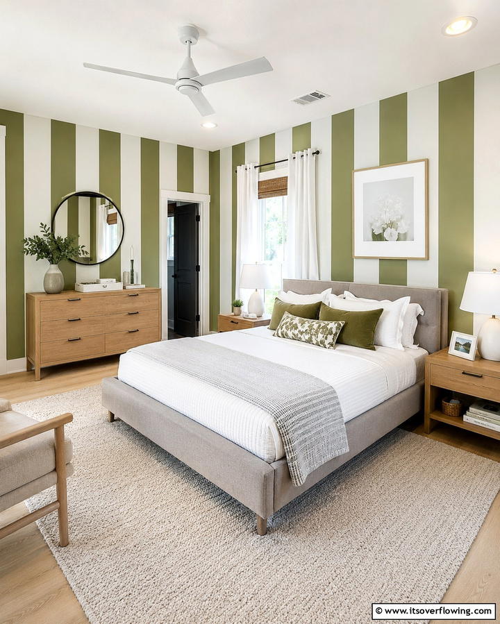 Olive Green and White Striped Walls - 30 Olive Green Bedroom Ideas for Soothing Retreats