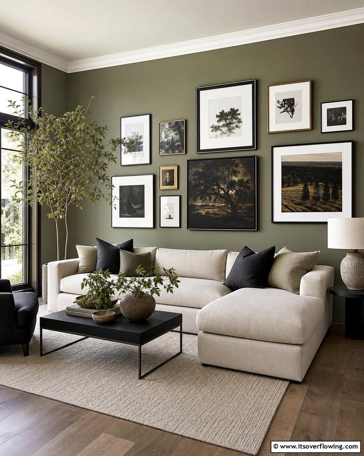 Olive Green for a Feature Wall with Artwork - 20 Olive Green Accent Wall Ideas for a Bold Statement