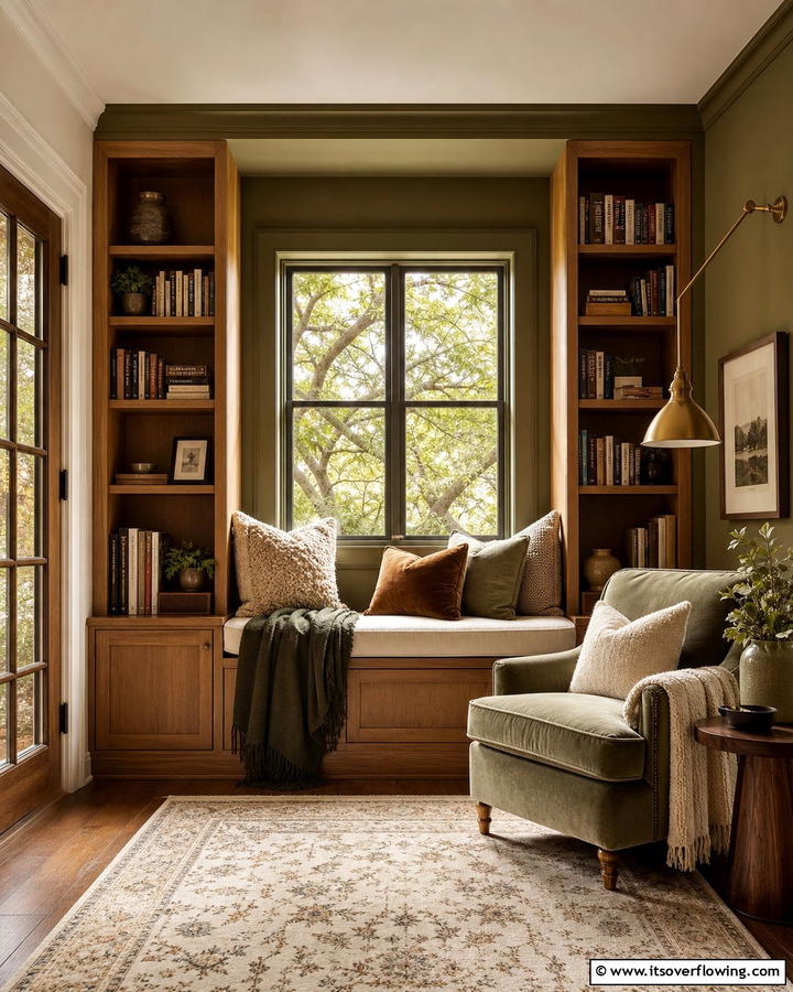 Olive Green for a Reading Nook - 20 Olive Green Accent Wall Ideas for a Bold Statement
