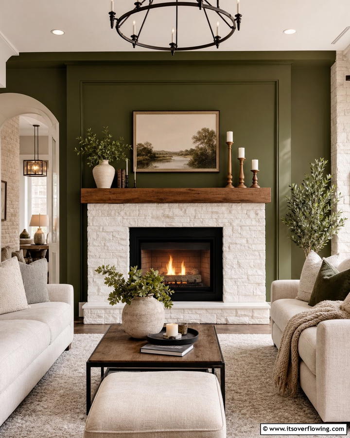 Olive Green in a Cozy Fireplace Setting - 20 Olive Green Accent Wall Ideas for a Bold Statement