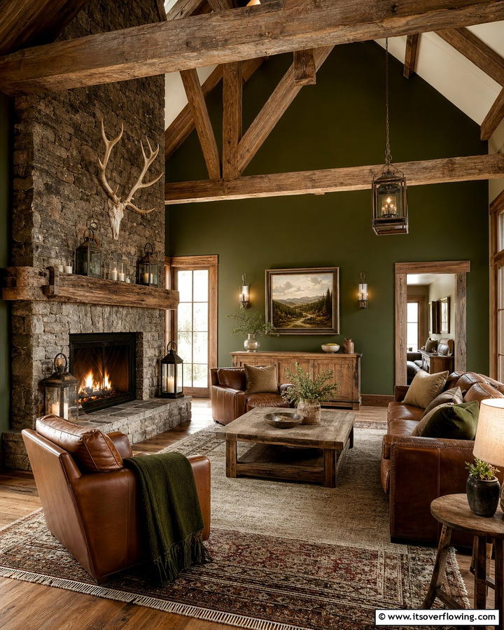 Olive Green in a Rustic Cabin - 20 Olive Green Accent Wall Ideas for a Bold Statement