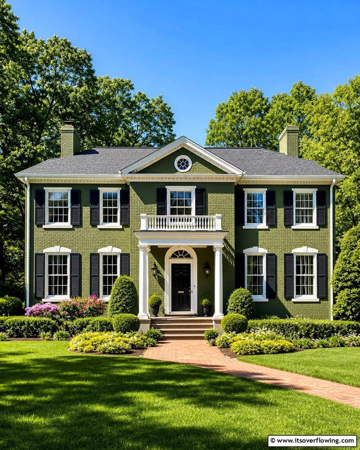Olive Green with Black Shutters - 30 Green Brick Exterior Home Design Ideas for Modern Houses