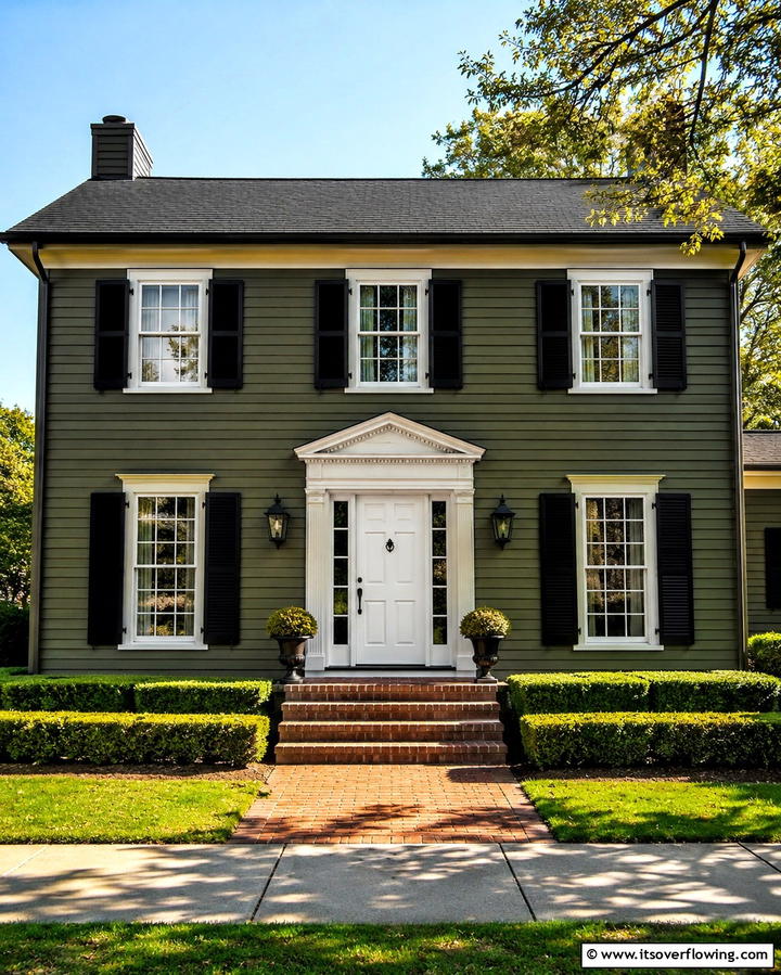 Olive Green with Black Shutters - 25 Dark Olive Green House Designs for a Modern Look