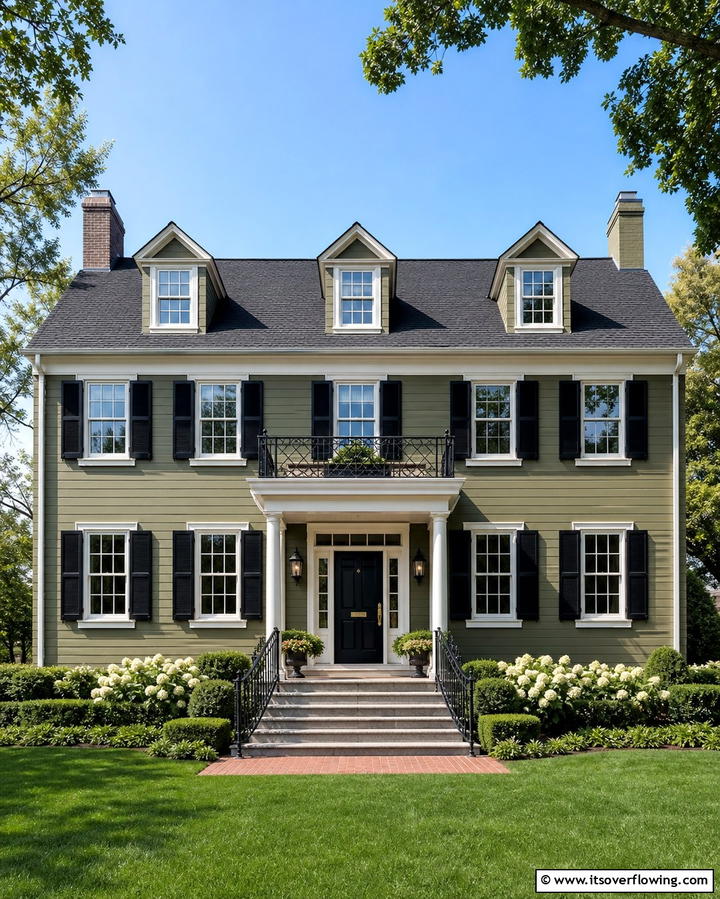 Olive Green with Black ShuttersExact - 25 Olive Green House Exterior Ideas for a Fresh and Natural Look