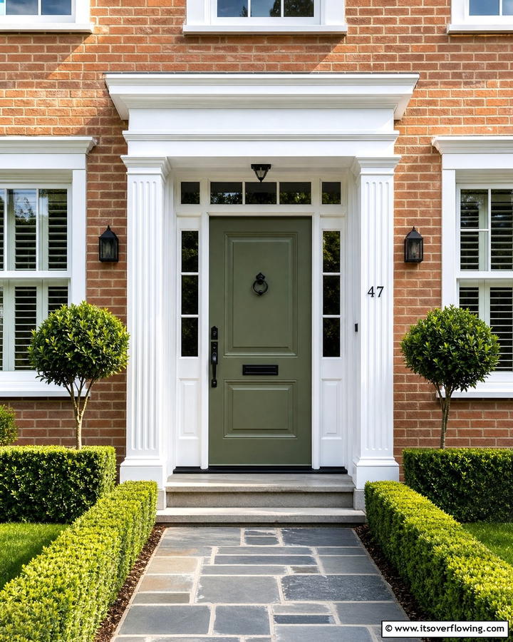 Olive Green with Bold White Framing - 20 Olive Green Front Door Ideas for a Bold Statement
