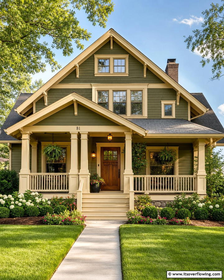 Olive Green with Cream Trim - 25 Olive Green House Exterior Ideas for a Fresh and Natural Look