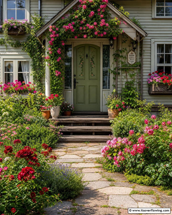 Olive Green with Floral Accents - 20 Olive Green Front Door Ideas for a Bold Statement