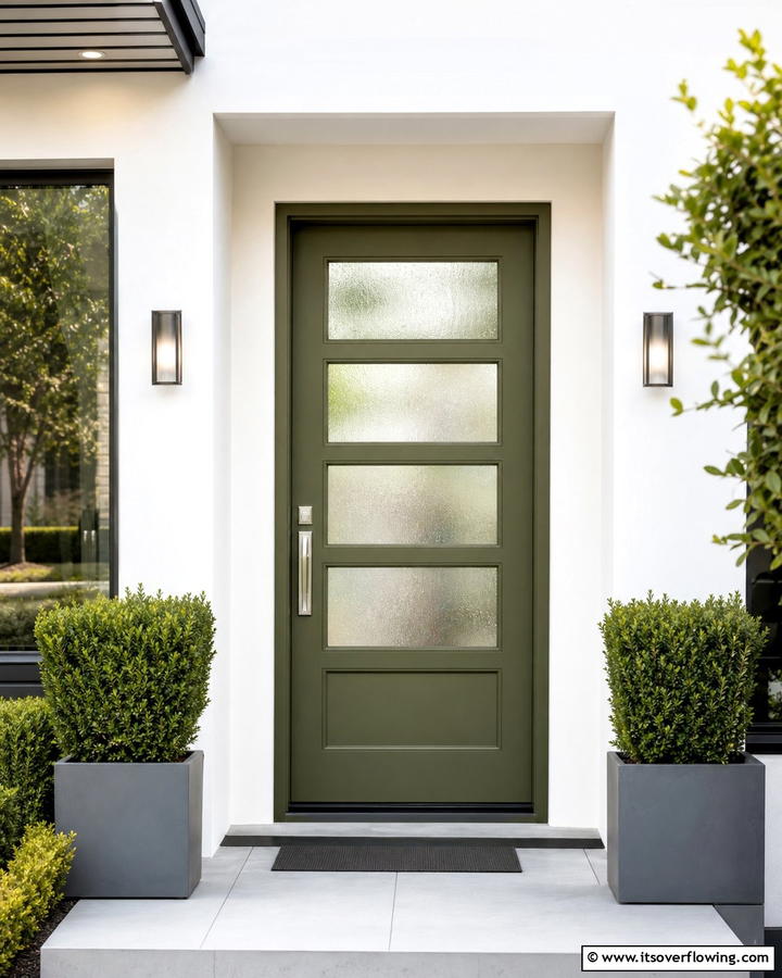 Olive Green with Frosted Glass Inserts - 20 Olive Green Front Door Ideas for a Bold Statement