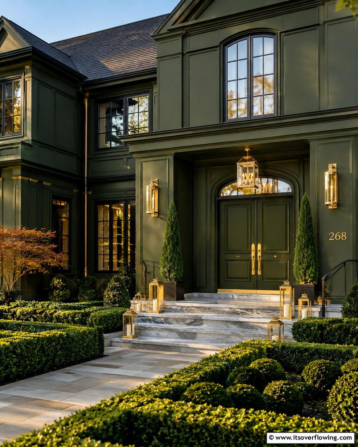 Olive Green with Gold Accents - 25 Dark Olive Green House Designs for a Modern Look