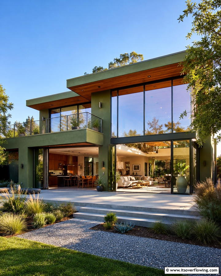 Olive Green with Large Glass Windows - 25 Dark Olive Green House Designs for a Modern Look