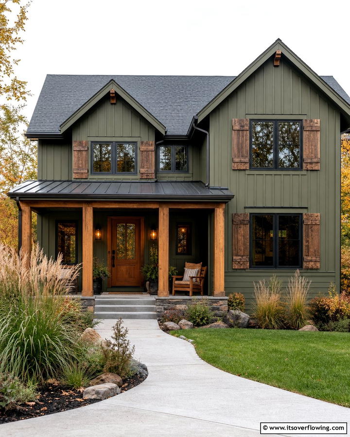 Olive Green with Natural Wood Accents - 25 Olive Green House Exterior Ideas for a Fresh and Natural Look