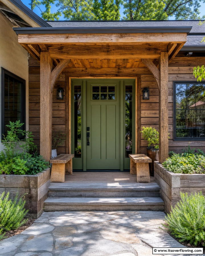 Olive Green with Natural Wood Elements - 20 Olive Green Front Door Ideas for a Bold Statement