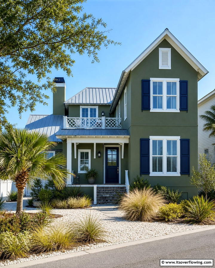 Olive Green with Navy Blue Details - 25 Olive Green House Exterior Ideas for a Fresh and Natural Look
