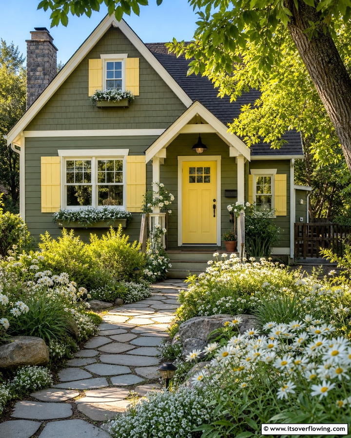 Olive Green with Pastel Yellow Highlights - 25 Olive Green House Exterior Ideas for a Fresh and Natural Look