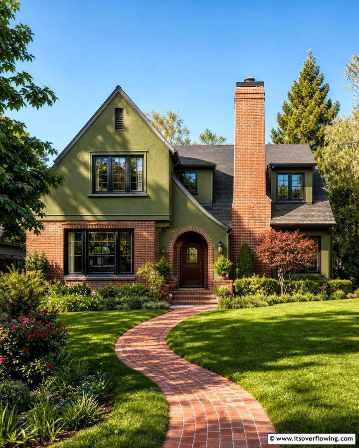 Olive Green with Red Brick Accents - 25 Olive Green House Exterior Ideas for a Fresh and Natural Look