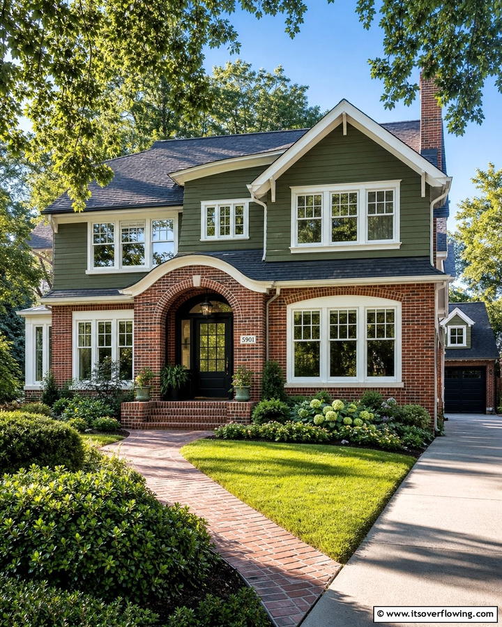 Olive Green with Red Brick - 25 Olive Green House Exterior Ideas for a Fresh and Natural Look