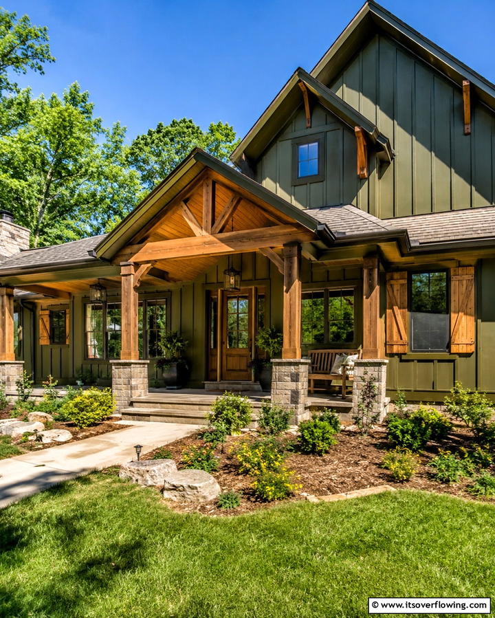 Olive Green with Rustic Wooden Details - 25 Farmhouse Green Exterior Home Ideas for a Fresh Look