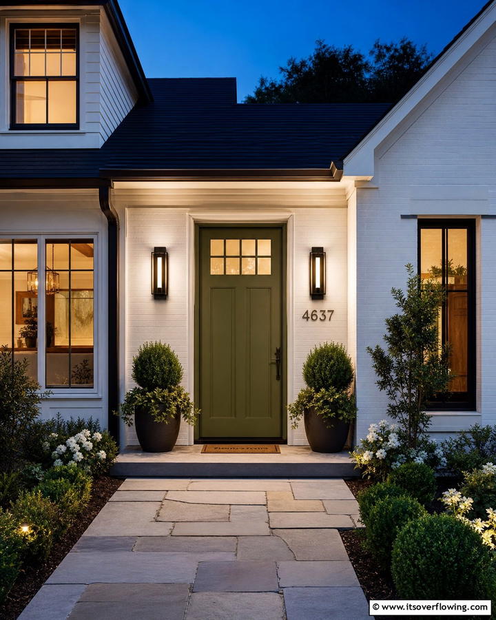 Olive Green with Soft Lighting - 20 Olive Green Front Door Ideas for a Bold Statement