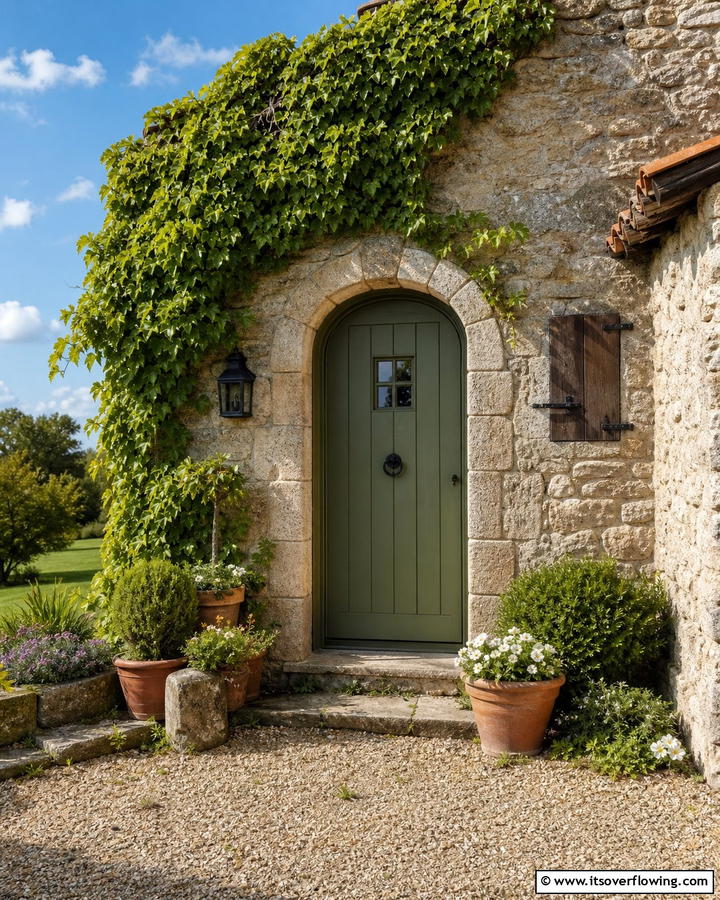 Olive Green with Stone Surrounds - 20 Olive Green Front Door Ideas for a Bold Statement
