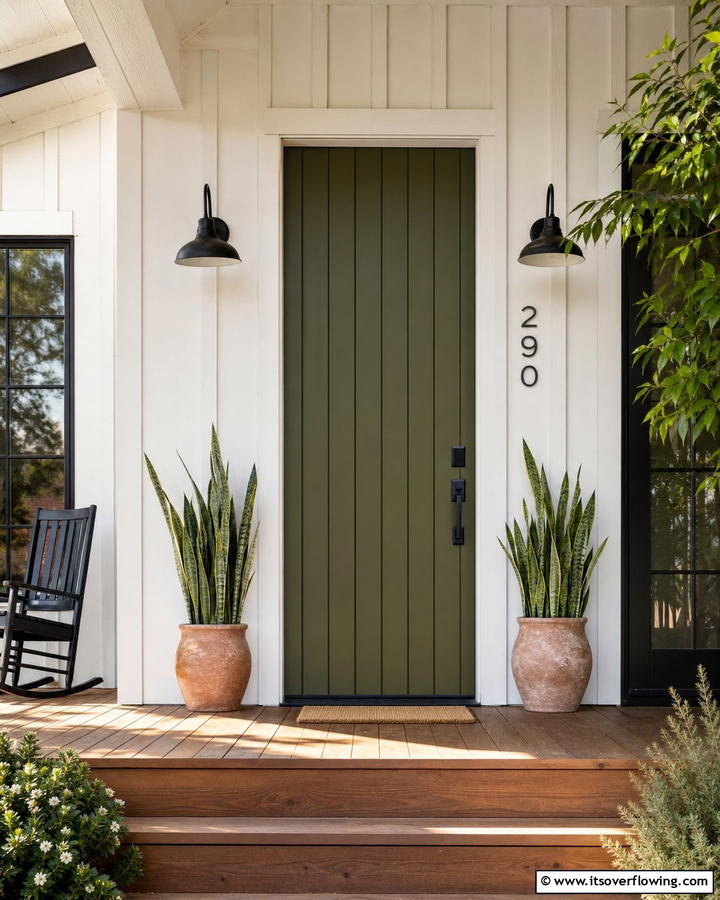 Olive Green with Vertical Paneling - 20 Olive Green Front Door Ideas for a Bold Statement