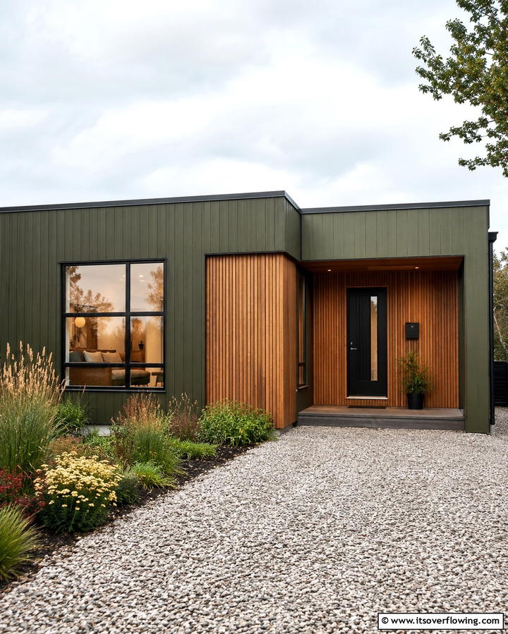 Olive Green with Vertical Wooden Panels - 25 Dark Olive Green House Designs for a Modern Look