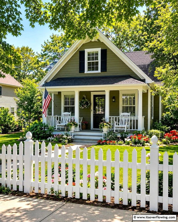 Olive Green with White Picket Fence - 25 Dark Olive Green House Designs for a Modern Look