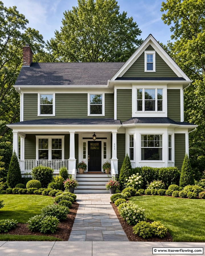 Olive Green with White Trim Accents - 25 Olive Green House Exterior Ideas for a Fresh and Natural Look