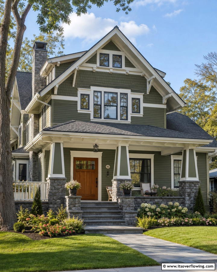 Olive Green with White and Gray Elements - 25 Olive Green House Exterior Ideas for a Fresh and Natural Look