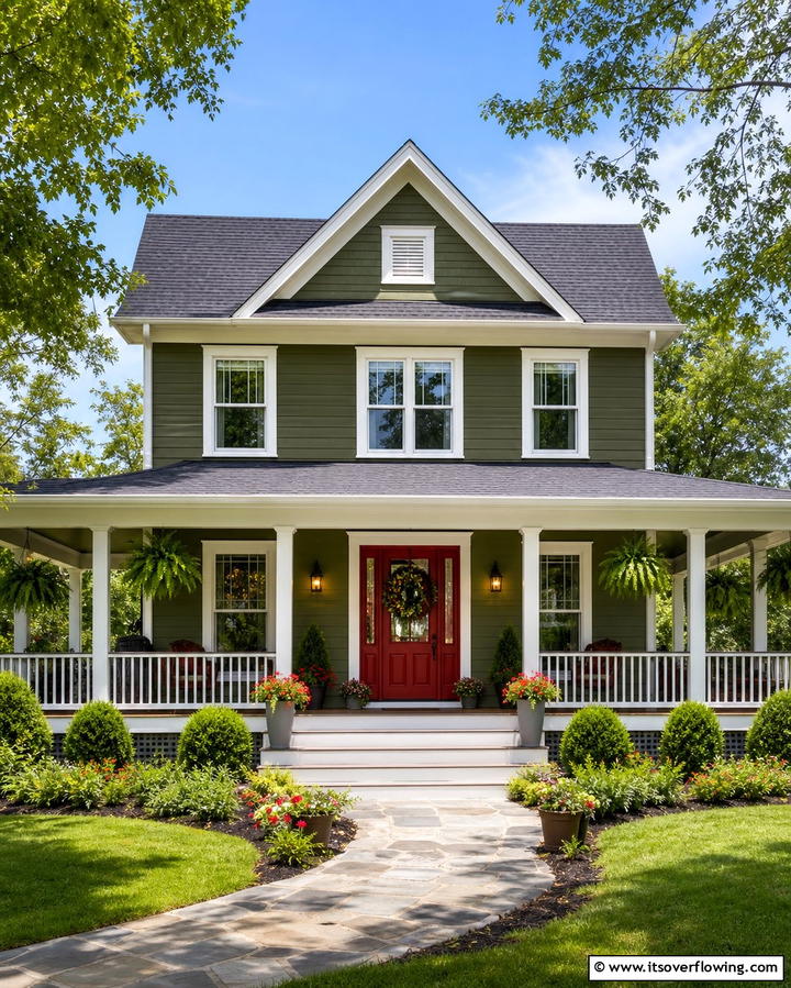 Olive Green with White and Red Highlights - 25 Olive Green House Exterior Ideas for a Fresh and Natural Look