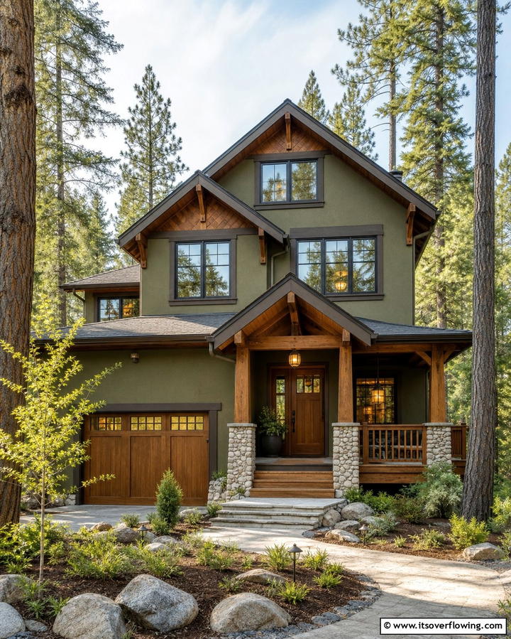 Olive Green with Wooden Accents - 25 Olive Green House Exterior Ideas for a Fresh and Natural Look