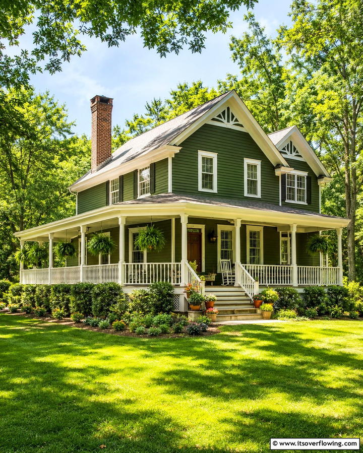 Olive Green with Wraparound Porch - 25 Dark Olive Green House Designs for a Modern Look