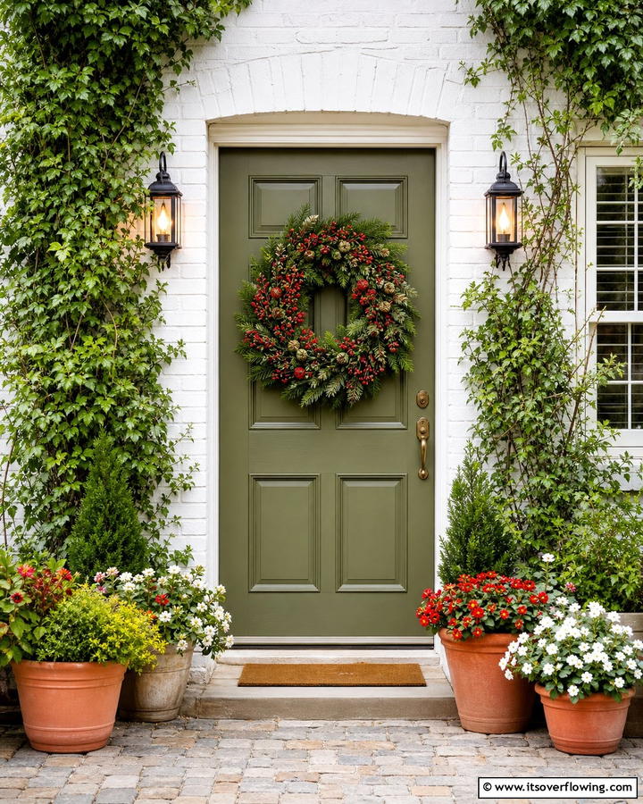 Olive Green with Wreath Decor - 20 Olive Green Front Door Ideas for a Bold Statement