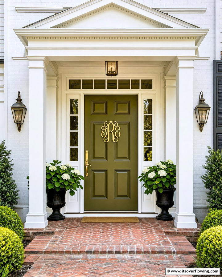 Olive Green with a Monogrammed Centerpiece - 20 Olive Green Front Door Ideas for a Bold Statement