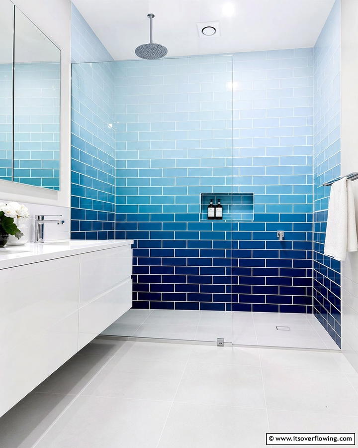 Ombre Blue Tiles with White Grout - 25 Blue and White Bathroom Ideas for a Fresh Look