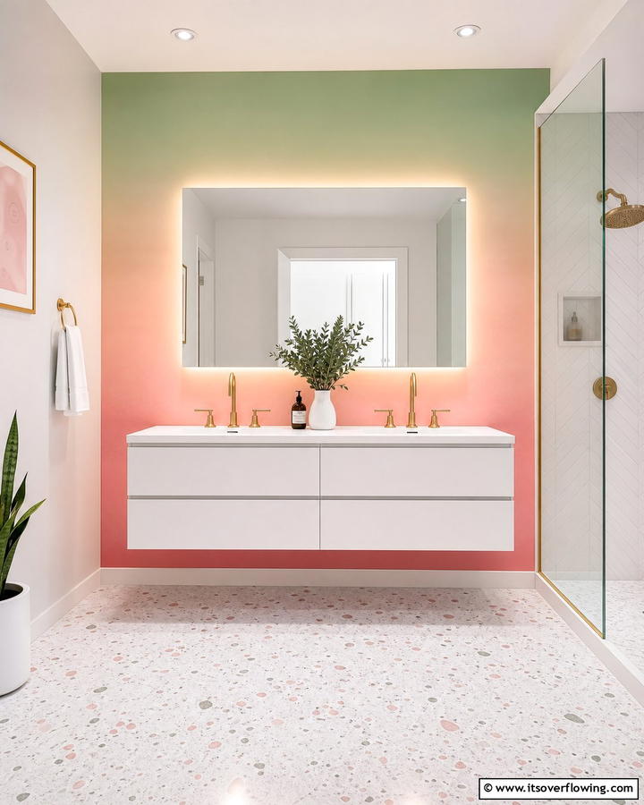Ombre Walls in Pink and Green - 20 Vibrant Pink and Green Bathroom Design Ideas