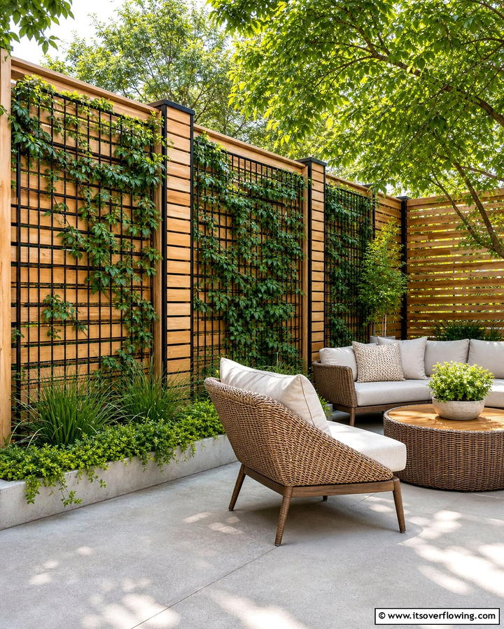 Open Air Design with Slatted Wood and Metal Grids - 25 Metal and Wood Fence Ideas for Durable Boundaries