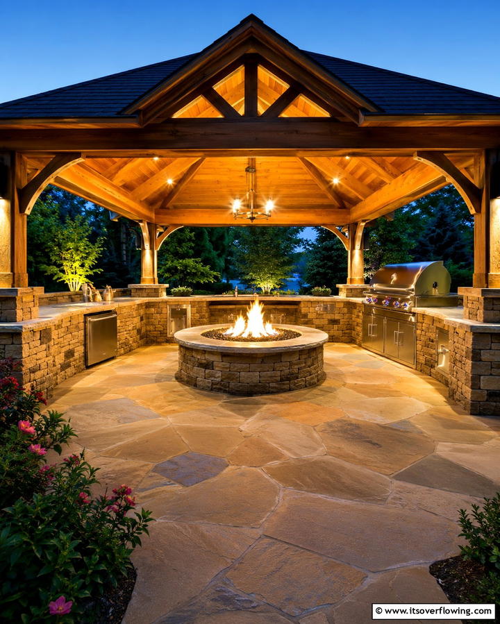 Open Air Gazebo with Fire Pit and Grill - 30 Outdoor Kitchen with Gazebo Ideas for All-Weather Cooking