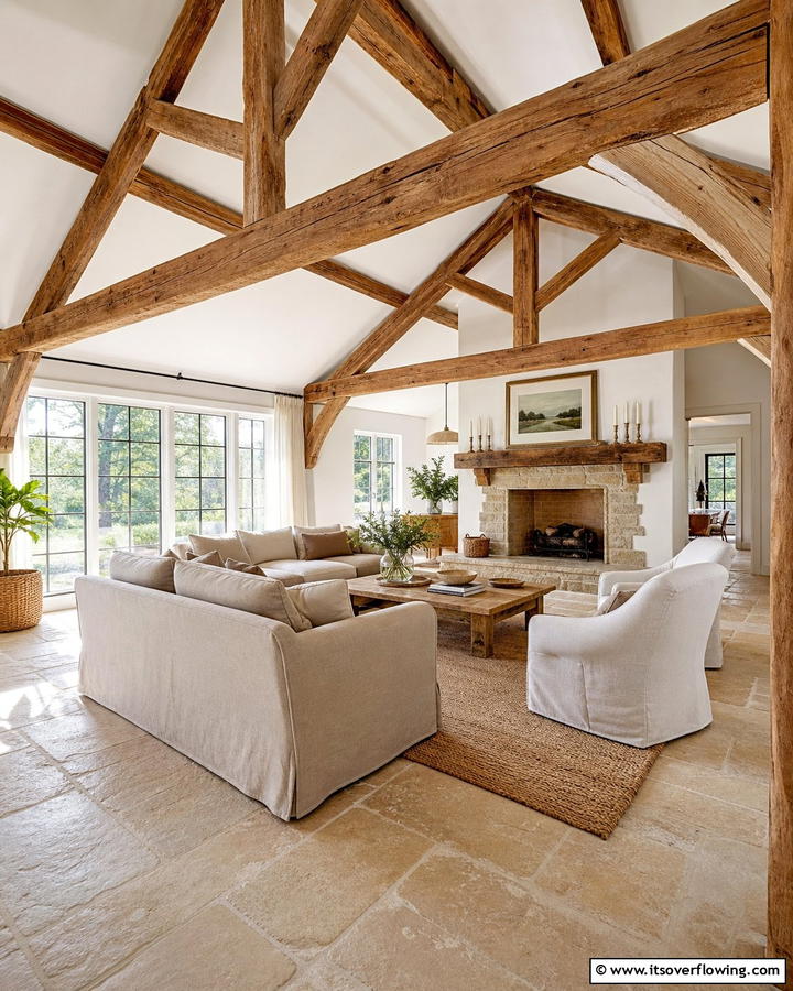 Open Beam Architecture - 21 Country Living Room Ideas with Rustic Elegance