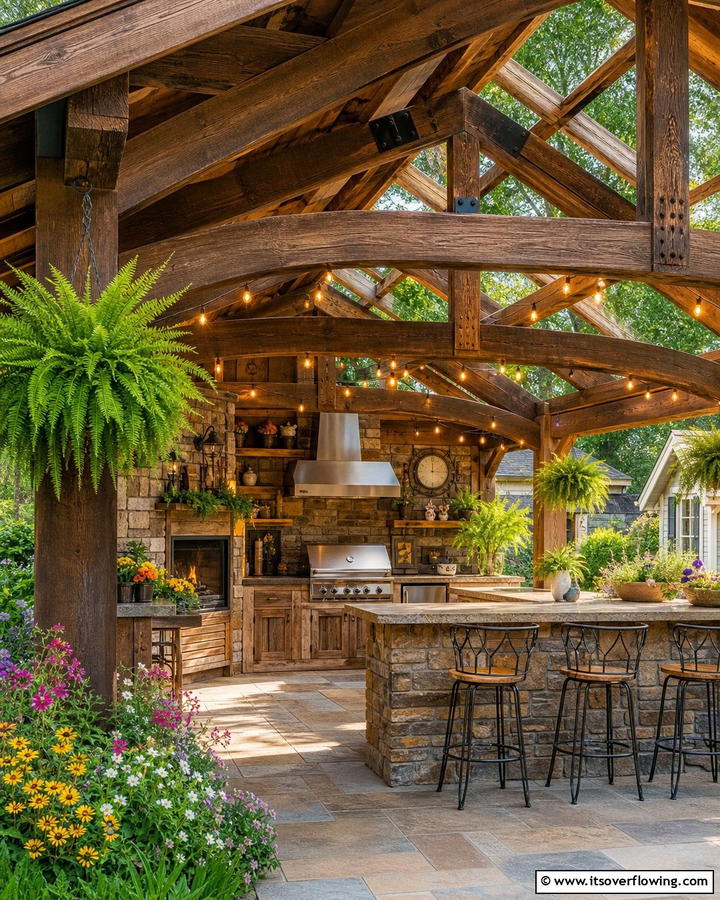 Open Beam Roof for a Rustic Charm - 20 Outdoor Kitchen Roof Ideas for Year-Round Enjoyment