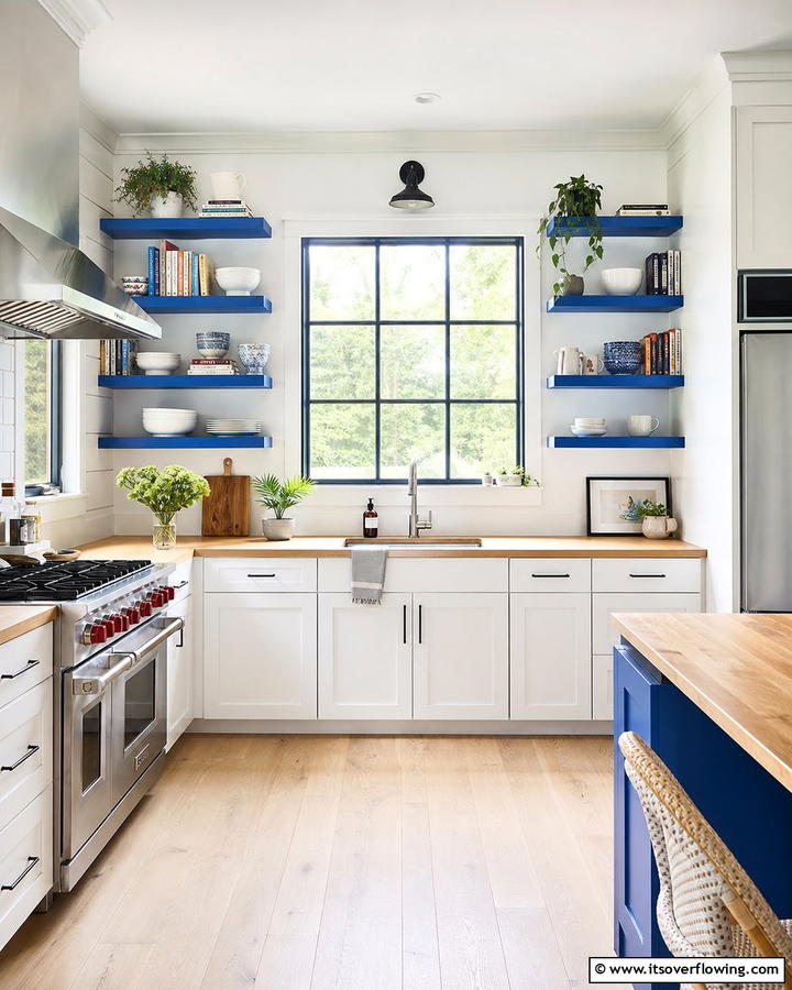 Open Blue Shelving Statements - 21 Inviting Blue Kitchen Ideas for Coastal or Modern Themes