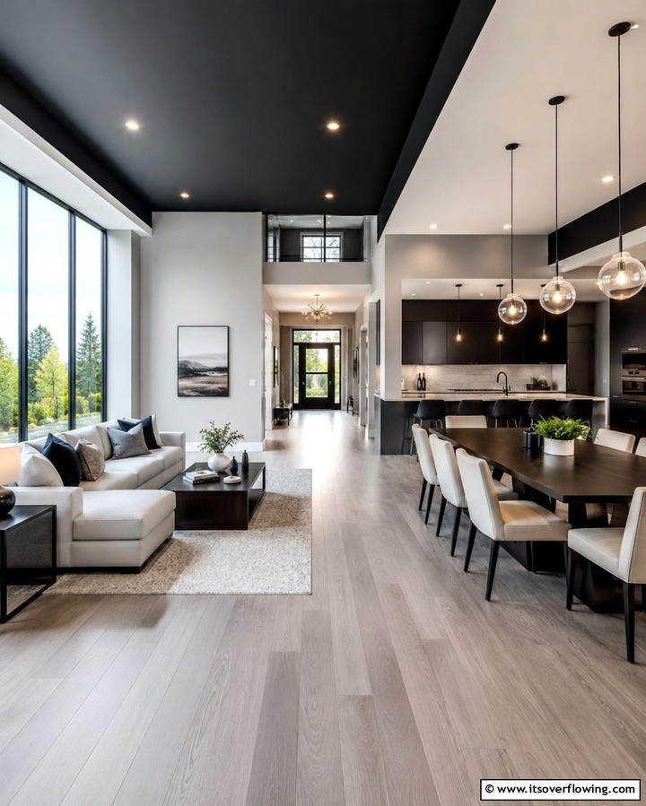 Open Concept Elegance - 25 Black Ceiling With Grey Walls for a Dramatic Look