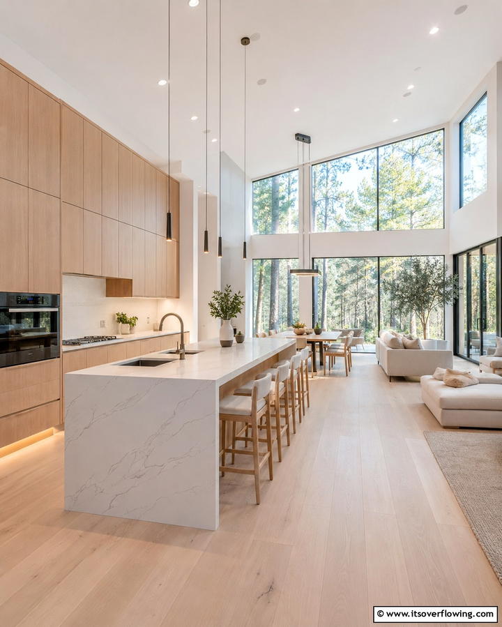 Open Concept Flow - 30 Kitchens with Light Wood Cabinets- Warm & Airy Designs